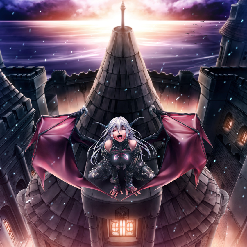 bat_wings, belt, breasts, demon_girl, demon_horns, elbow_gloves, gloves, highres
