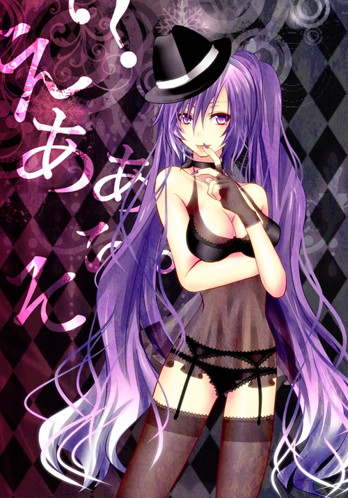 bra, breast_lift, breasts, cleavage, eh?_aa,_sou._(vocaloid), eh?_ah_sou_(vocaloid), fedora, fingerless_gloves