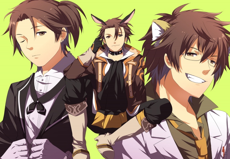 alternate_costume, alternate_hairstyle, alvin_(tales_of_xillia), animal_ears, bad_id, bespectacled, boots, brown_eyes