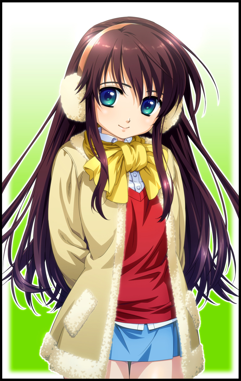 arms_behind_back, behind_back, blue_eyes, brown_hair, coat, earmuffs, hands, highres