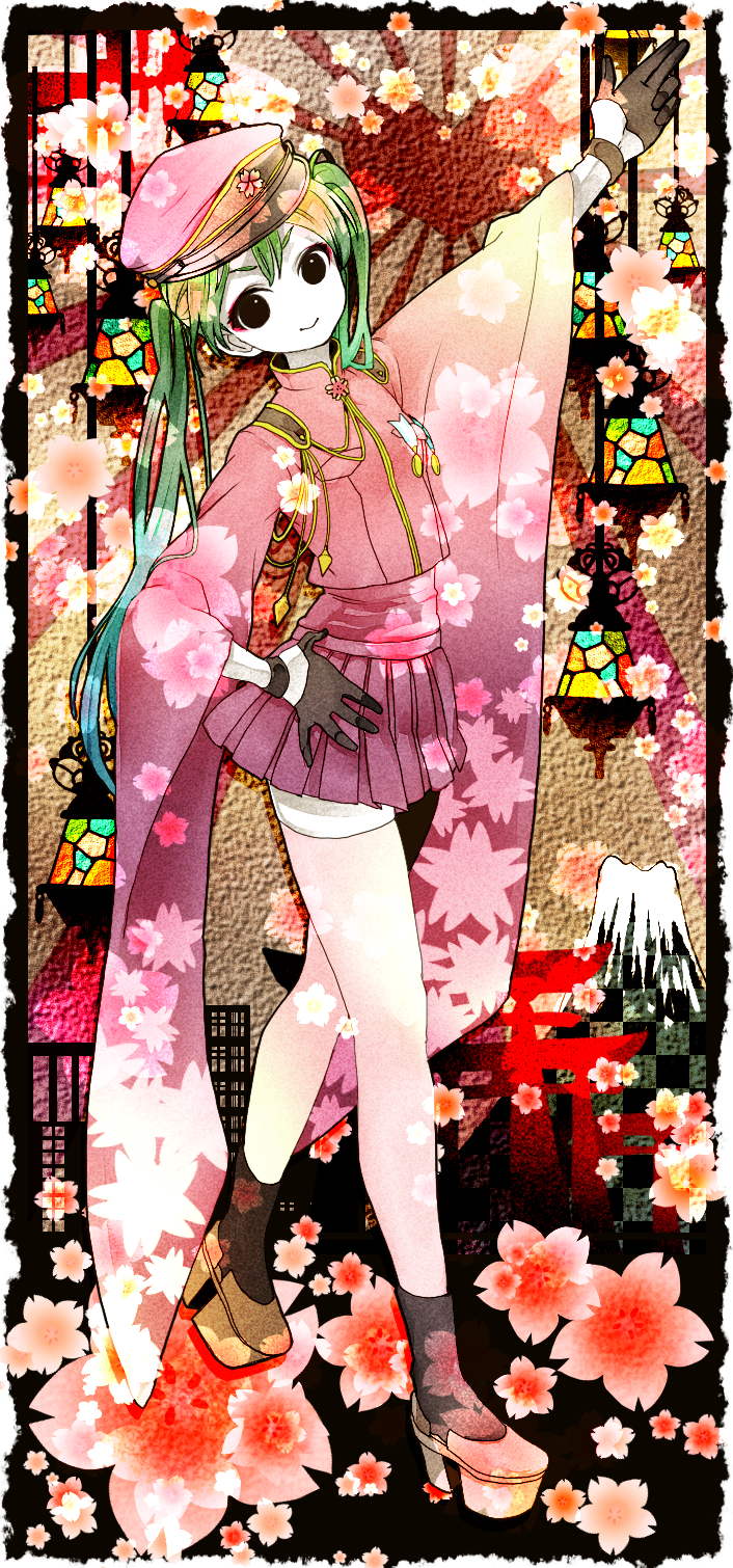arm_raised, arm_up, geta, gloves, green_hair, hat, hatsune_miku, highres