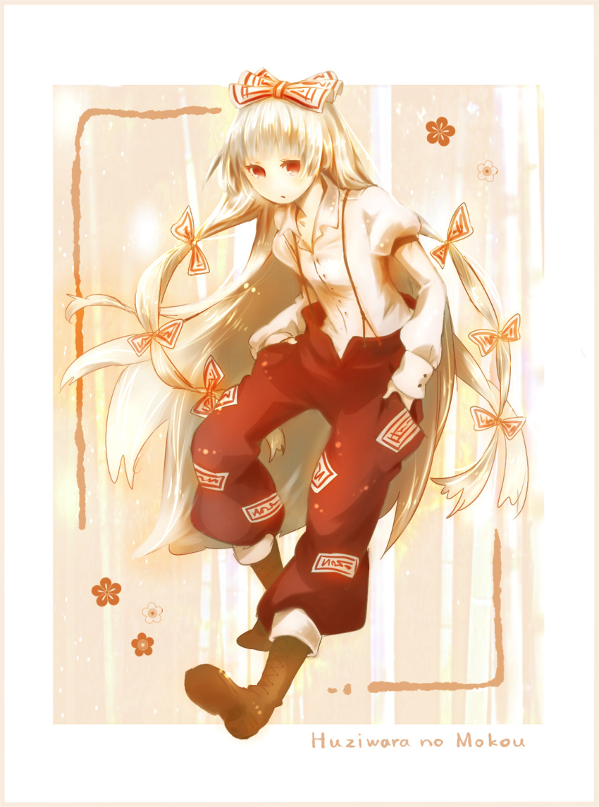 817nono, boots, bow, fujiwara_no_mokou, hair_bow, hands_in_pockets, highres, no_nose