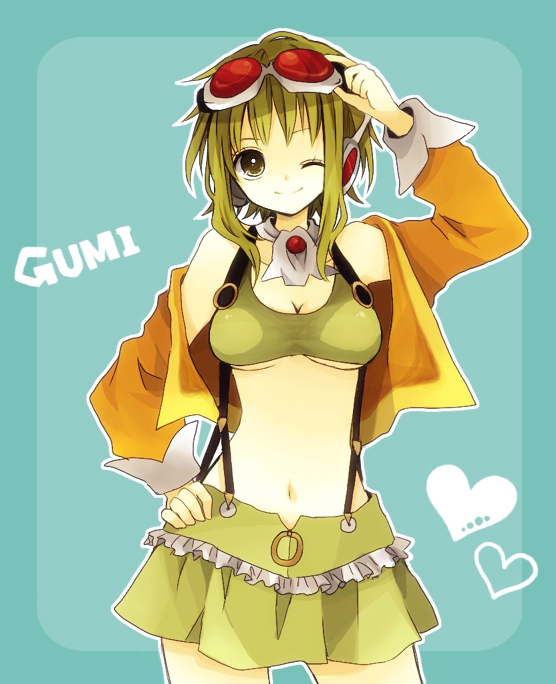 adjusting_goggles, anzu_(o6v6o), breasts, goggles, goggles_on_head, green_eyes, green_hair, gumi, headphones, jacket, megpoid_(vocaloid3), midriff, navel, short_hair, skirt, smile, solo, suspenders, under_boob, underboob, vocaloid, wink