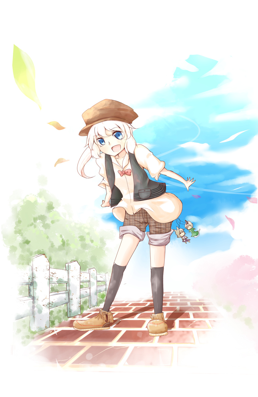 3girls, blue_eyes, bow, brick, brown_hair, contemporary, dress, fence, ghost, green_hair, hat, highres, moccasins, mononobe_no_futo, multiple_girls, open_mouth, ponytail, short_hair, shorts, smile, soga_no_tojiko, solo, soramuko, tate_eboshi, touhou, toyosatomimi_no_miko, vest, white_hair