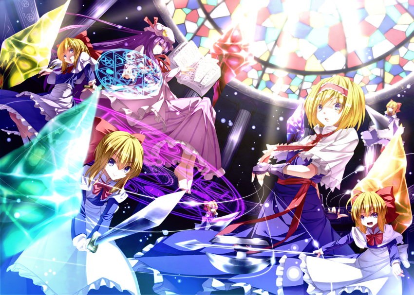 alice_margatroid, blonde_hair, blue_dress, blue_eyes, book, bow, capelet, crescent