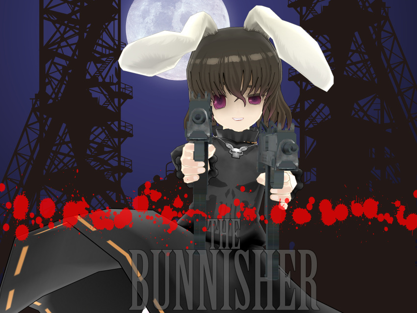 absurdres, animal_ears, black_hair, bunny_ears, erowi, gun, highres, inaba_tewi, mikumikudance, montekoa, parody, pun, rabbit_ears, red_eyes, short_hair, solo, touhou, weapon