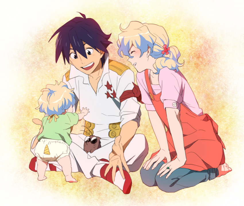 1girl, baby, blue_hair, boota, couple, diaper, family, good_end, happy, husband_and_wife, if_they_mated, jewelry, mosako, multicolored_hair, nia_teppelin, outstretched_hand, ring, simon, sitting, smile, tengen_toppa_gurren_lagann, two-tone_hair