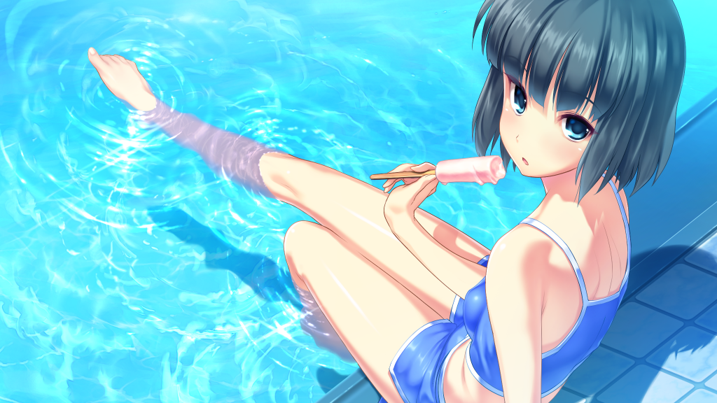 blue_eyes, d-eve_in_you, feet, food, game_cg, gokokukyou, ice_cream, legs, pool, poolside, ripples, short_hair, shorts, sitting, soaking_feet, takeoka_minami, tank_top, tiles, toes, water