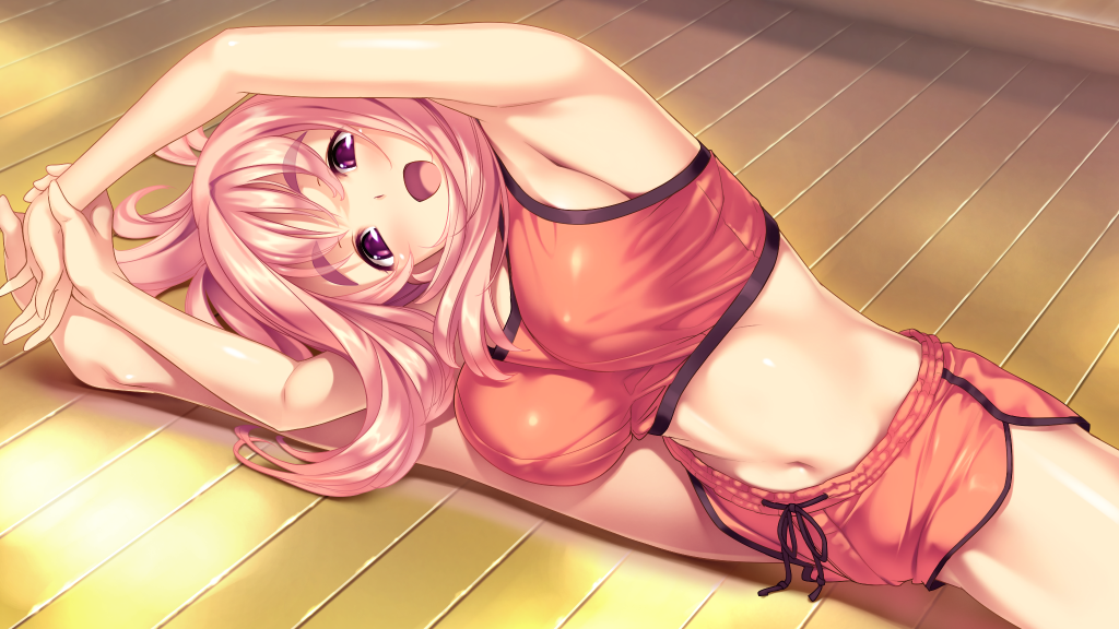 barefoot, breasts, d-eve_in_you, eyebrows, flexible, game_cg, gokokukyou, gym_shorts
