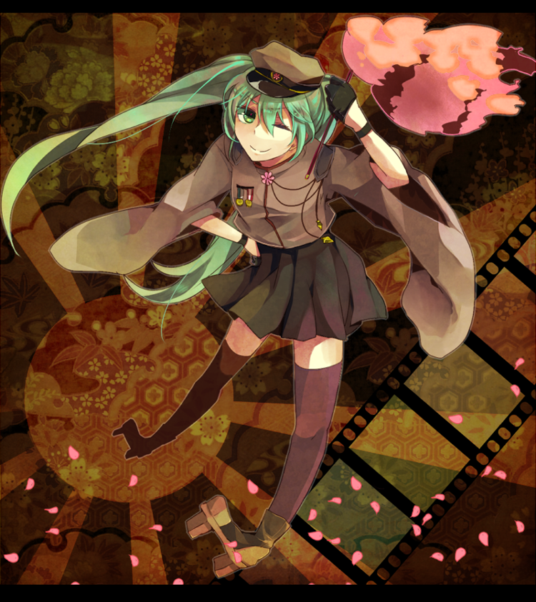aqua_eyes, aqua_hair, fujichika, geta, gloves, hat, hatsune_miku, long_hair, peaked_cap, petals, senbon-zakura_(vocaloid), skirt, solo, thighhighs, twintails, very_long_hair, vocaloid, wink