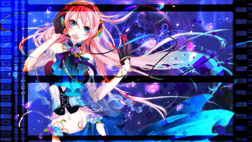 blue_eyes, chikashige, flower, hand_on_headphones, headphones, headset, highres, jewelry