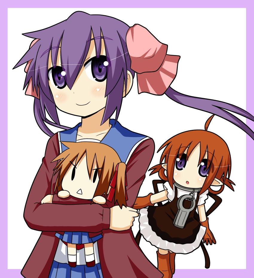 ahoge, blush, brown_hair, chibi, gloves, minami_(colorful_palette), minigirl, original, purple_eyes, purple_hair, sawatari_riko, shian_(trouble_spirit), smile, takanashi_kiyomi, |_|
