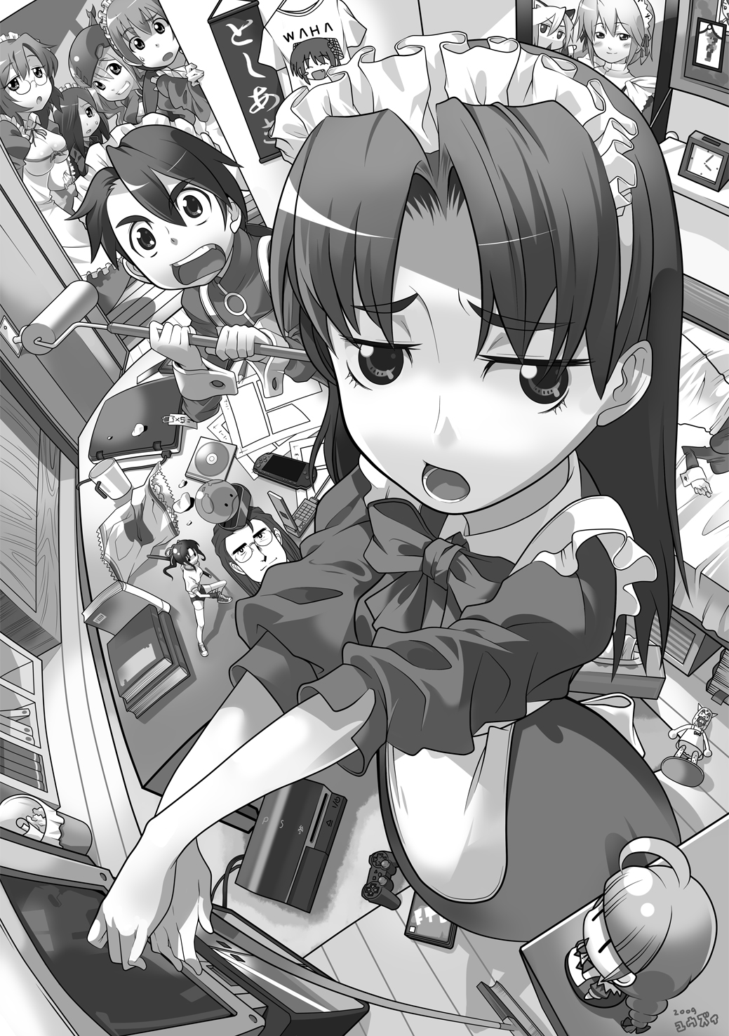 cellphone, character_request, computer, controller, dunbine, futaba_channel, hair_over_one_eye, haro
