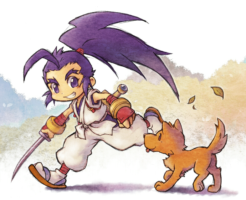 blue_hair, brave_fencer_musashiden, dog, grin, japanese_clothes, long_hair, lsong_hair, miyamoto_musashi