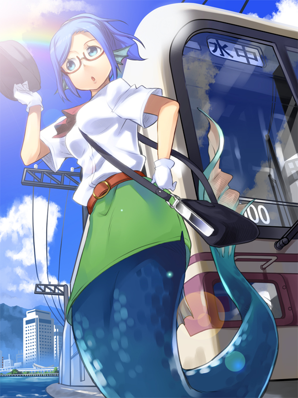 :o, ascot, bag, belt, between_breasts, blue_eyes, blue_hair, building