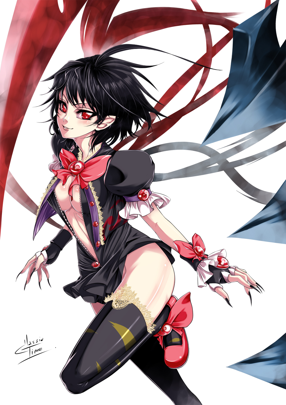 black_hair, black_legwear, bottomless, bow, breasts, classictime, cleavage, dress, fingerless_gloves, fingernails, gloves, highres, houjuu_nue, long_fingernails, nail, nail_polish, no_bra, no_panties, open_dress, parted_lips, pointy_ears, red_eyes, short_hair, signature, simple_background, smile, solo, thigh-highs, thighhighs, touhou, white_background, wings
