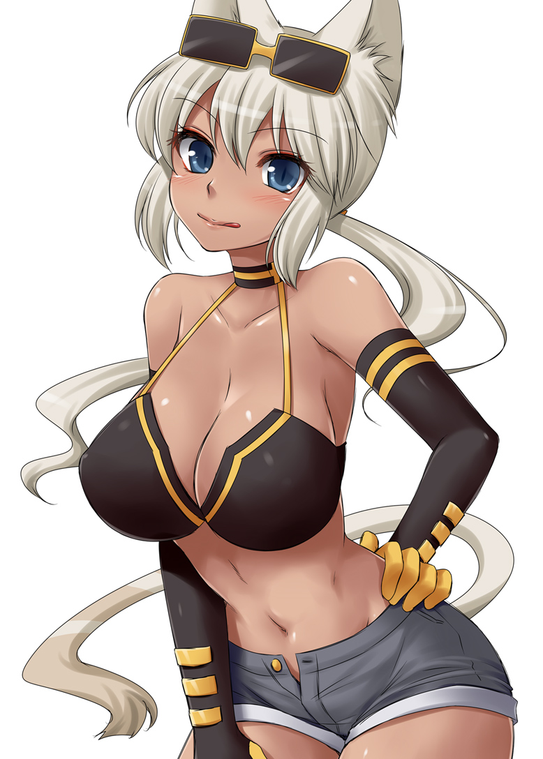 :p, animal_ears, bikini_top, blue_eyes, breasts, cat_ears, cat_tail, cleavage