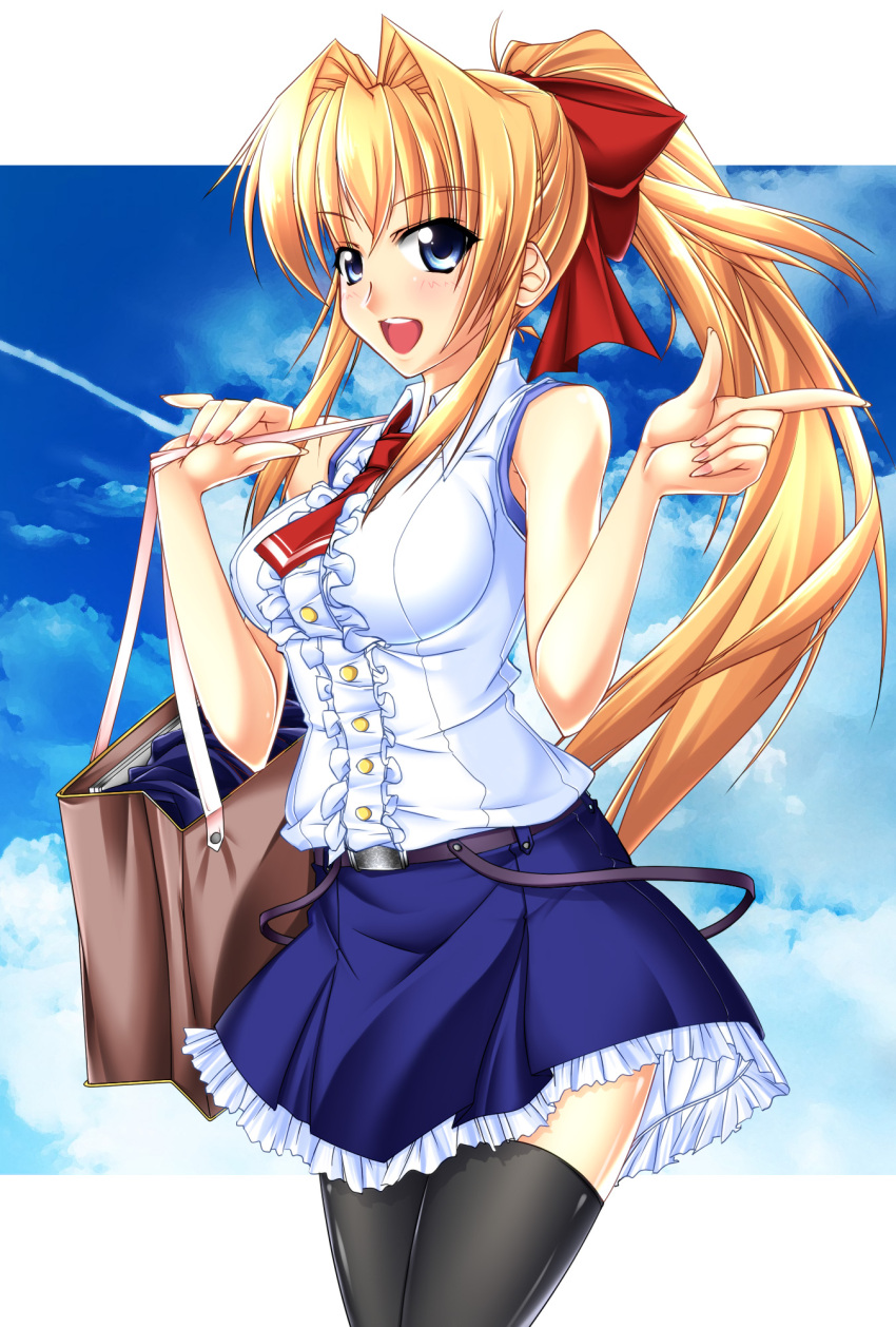 bag, bare_shoulders, belt, black_legwear, blonde_hair, blue_eyes, breasts, buttons