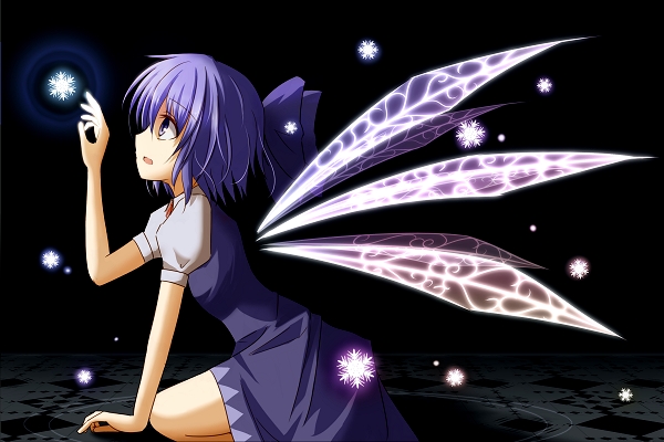 blue_eyes, blue_hair, cirno, hair_ribbon, mashayuki, ribbon, snowflakes, solo