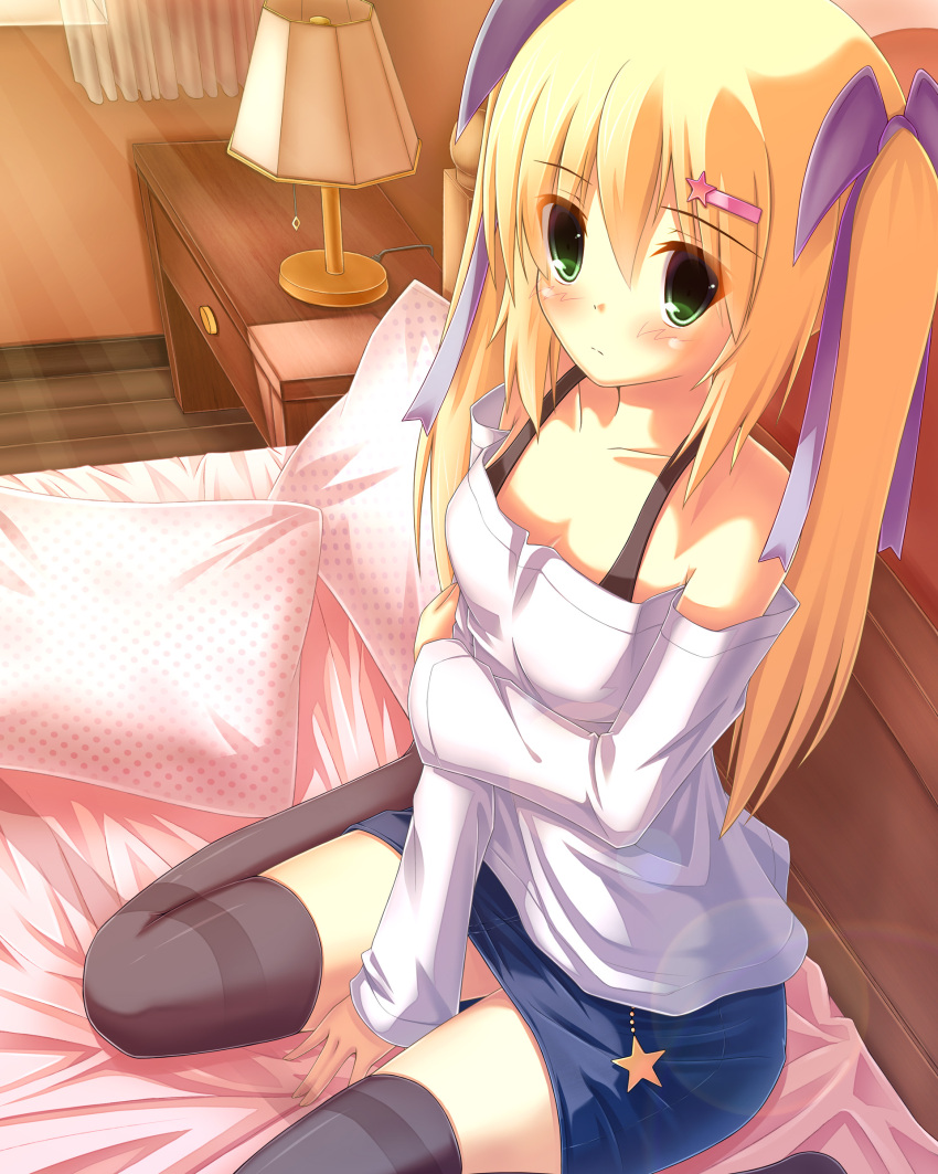 bare_shoulders, black_legwear, blonde_hair, blush, collarbone, green_eyes, hair_ornament, hair_ribbon
