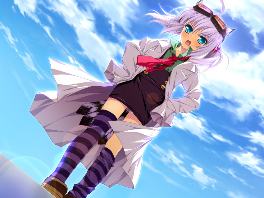 animal_ears, aqua_eyes, blush, clouds, dr.foresuto, game_cg, goggles, hair_bobbles