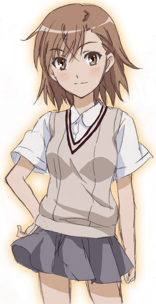 brown_hair, hand_on_hip, long_hair, misaka_mikoto, saion, school_uniform, short_hair, sweater_vest