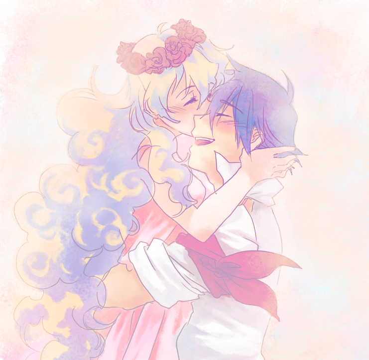 1girl, blue_hair, closed_eyes, couple, eyes_closed, happy, head_wreath, holding