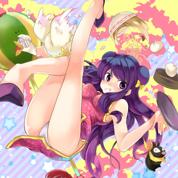 china_dress, chinese_clothes, double_bun, duck, food, hibiki_ryouga, long_hair, mousse
