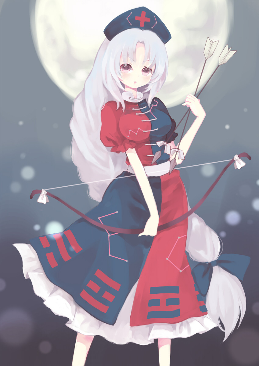 arrow, bow_(weapon), braid, dress, full_moon, hat, highres, konatsu_miyu