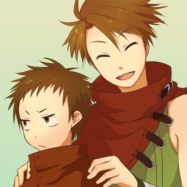 2boys, brown_eyes, brown_hair, cape, chad_(fire_emblem), closed_eyes, crossover, fire_emblem