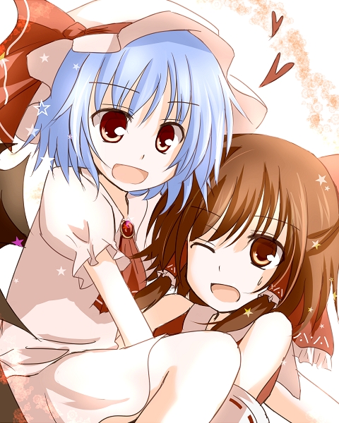 blue_hair, brown_eyes, brown_hair, hair_ribbon, hair_tubes, hakurei_reimu, hat, mashayuki