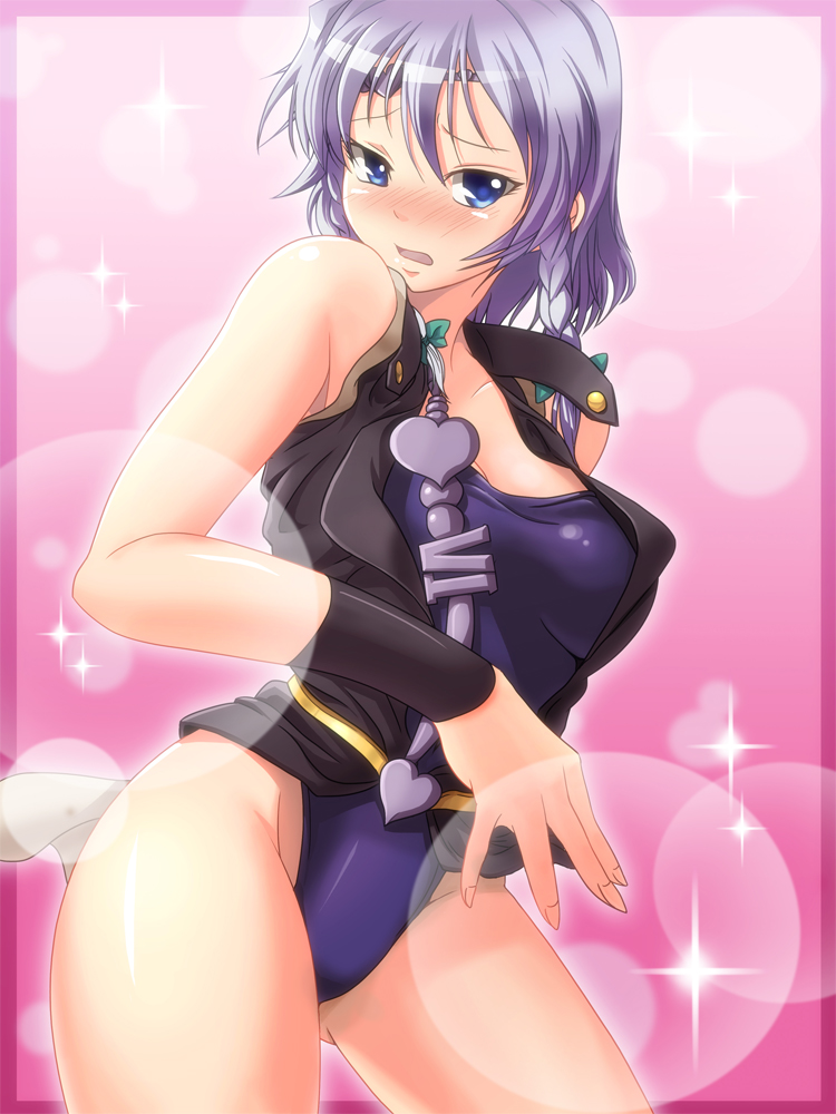 alternate_costume, bare_shoulders, blue_eyes, blush, bow, braid, breasts, competition_swimsuit, cosplay, embarrassed, hair_bow, headband, izayoi_sakuya, jojo_no_kimyou_na_bouken, konton_nabe, mound_of_venus, one-piece_swimsuit, purple_hair, short_hair, silver_hair, simple_background, solo, sparkle, swimsuit, swimsuit_under_clothes, touhou, twin_braids, vanilla_ice, vanilla_ice_(cosplay)