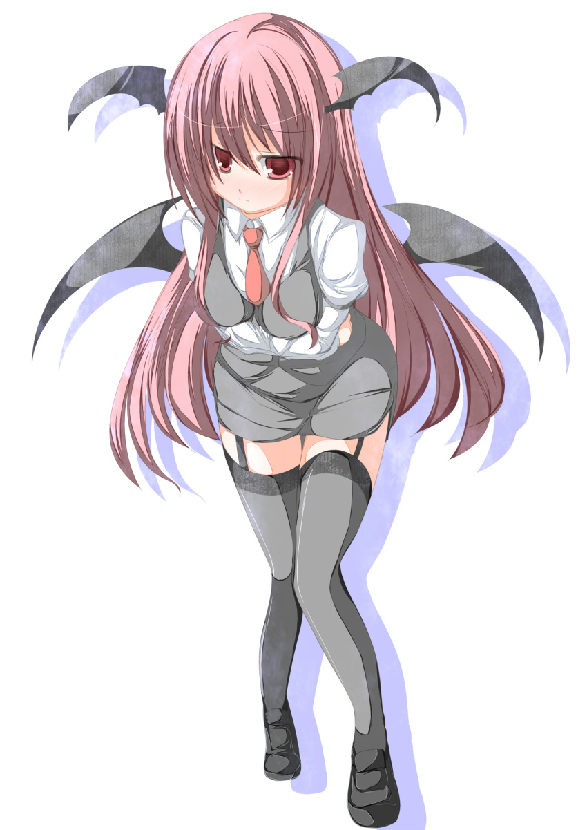 bat_wings, black_legwear, blush, crossed_arms, dress_shirt, garter_straps, hair_wings, head_wings