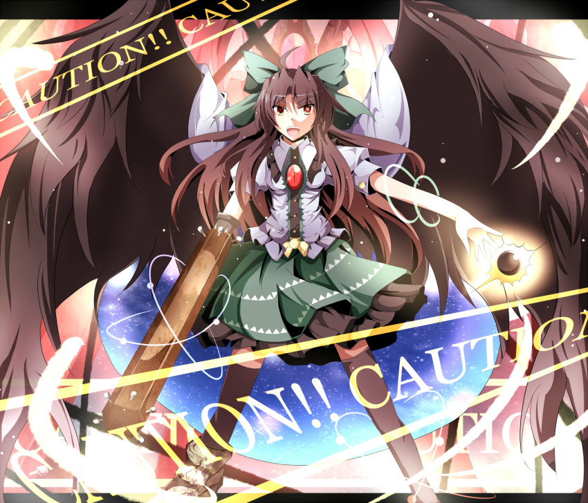 ahoge, arm_cannon, black_wings, bow, brown_hair, brown_legwear, cape, caution