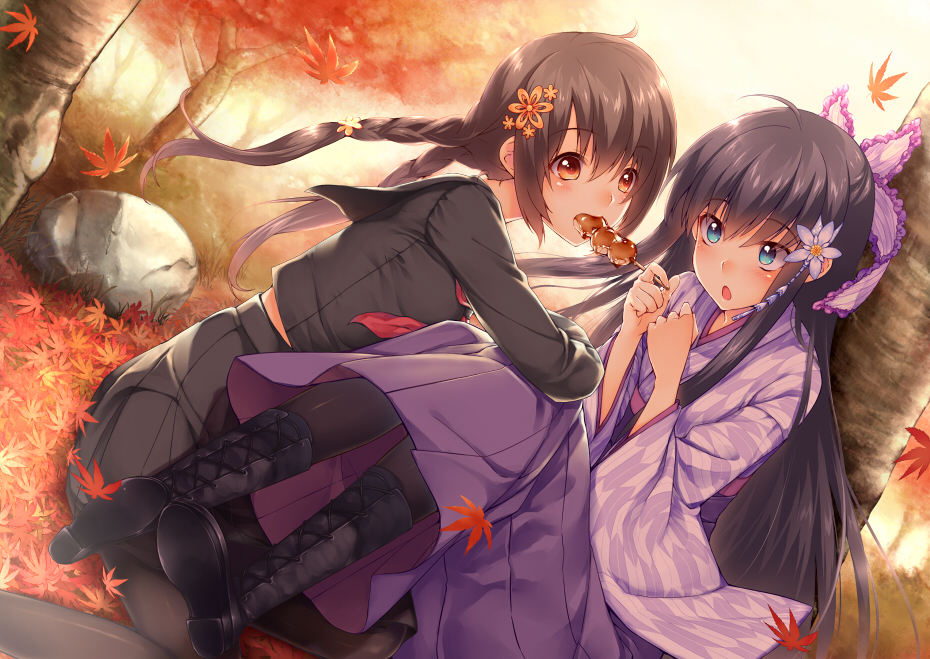 :o, black_hair, blue_eyes, blush, boots, bow, braid, brown_eyes