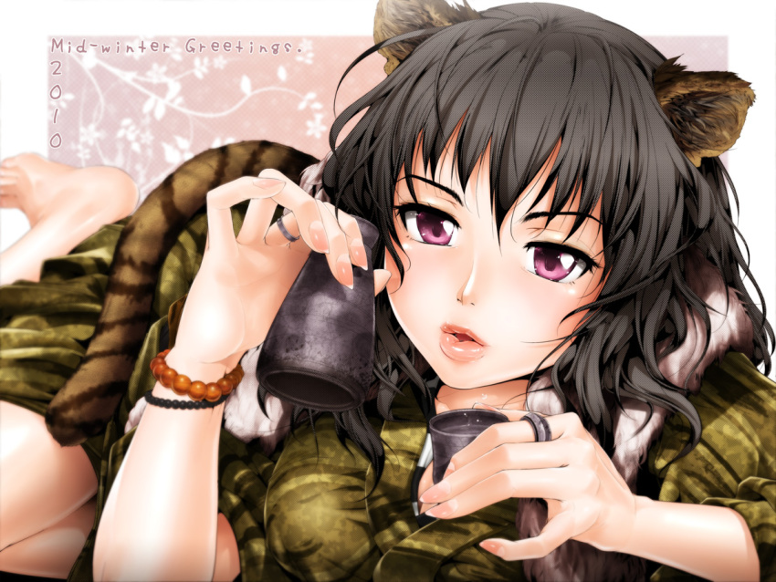 black_hair, bracelet, fingernails, inoue_makito, japanese_clothes, jewelry, lips, lying, original, pink_eyes, ring, sake, shiny, shiny_skin, solo, tail, tiger_ears, tiger_tail