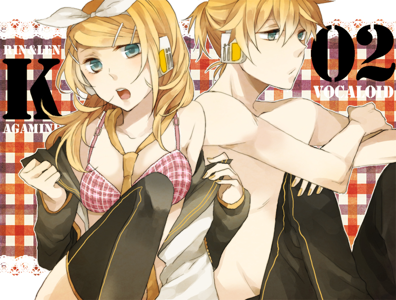 blonde_hair, blue_eyes, bra, brother_and_sister, dress, hair_ornament, hair_ribbon, hairpin, headphones, kagamine_len, kagamine_rin, kiri_(lwp01_lav), lingerie, necktie, off_shoulder, open_dress, open_mouth, pants, ponytail, red_bra, ribbon, shirt, short_hair, siblings, sitting, thigh-highs, thighhighs, topless, twins, underwear, undressing, vocaloid