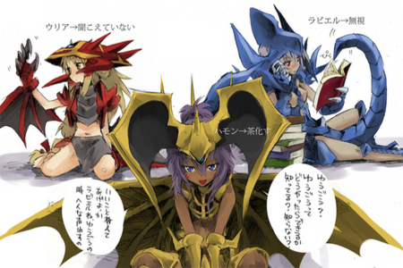 barefoot, blonde_hair, blue_eyes, book, cellphone, claws, hamon_lord_of_striking_thunder, midriff, monster_girl, phone, purple_hair, raviel_lord_of_phantasms, red_eyes, silver_hair, skirt, tail, translated, uria_lord_of_searing_flames, wings, yu-gi-oh!