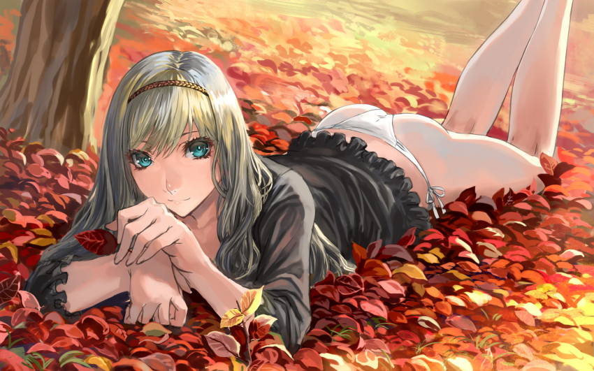 ass, autumn, blonde_hair, blue_eyes, curly_hair, hairband, highres, leaf