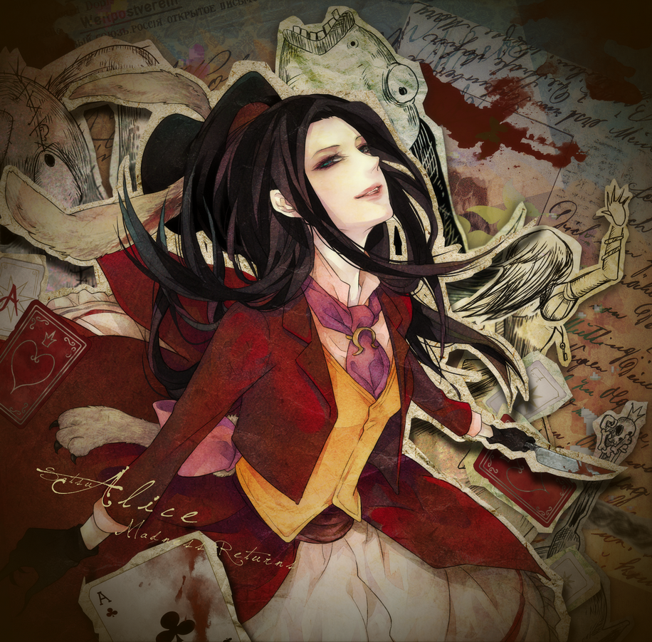 absurdres, alice_(wonderland), alice_in_wonderland, alternate_costume, american_mcgee's_alice, american_mcgee's_alice, black_hair, blood