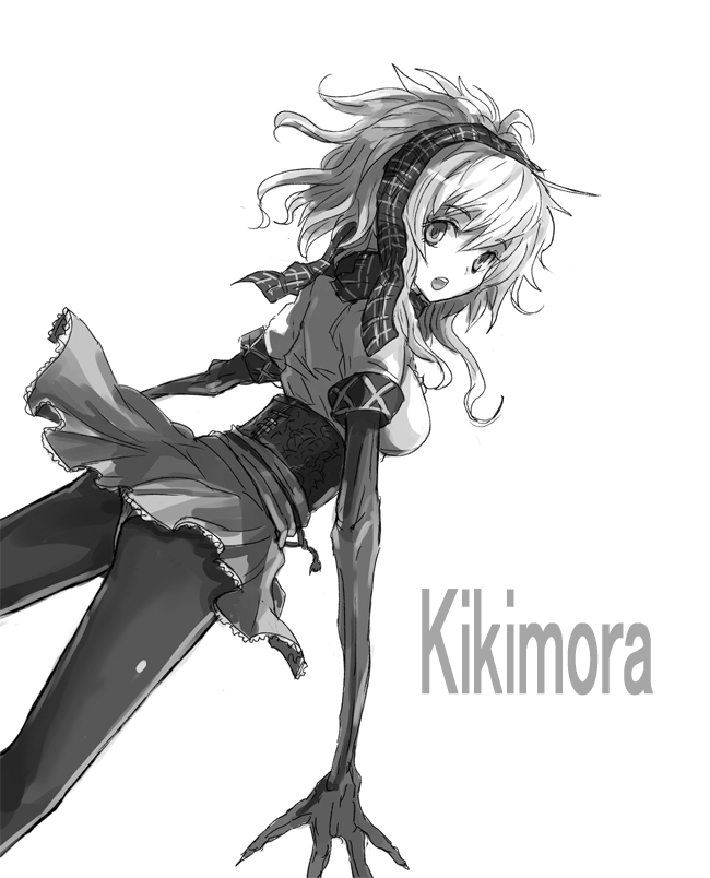 claws, dutch_angle, from_behind, greyscale, hairband, kara_(color), kikimora_(mythology), kikimora_(slavic_mythology)