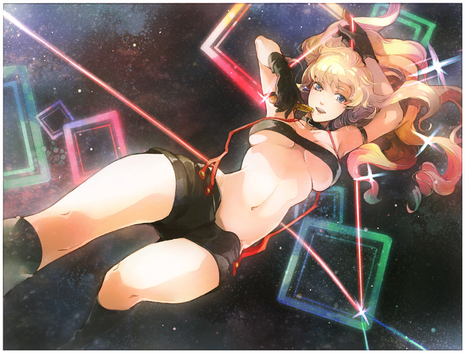 arm_strap, arm_up, blonde_hair, blue_eyes, breasts, dutch_angle, gloves, long_hair