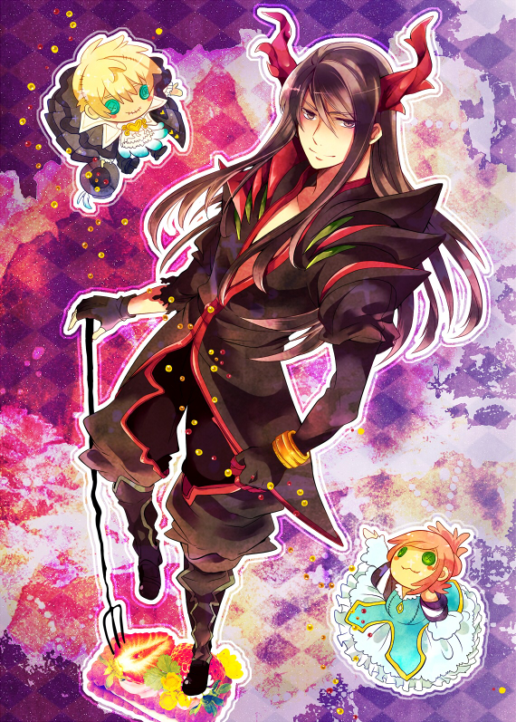 argyle, argyle_background, black_eyes, black_hair, blonde_hair, blue_eyes, boots, bracelet