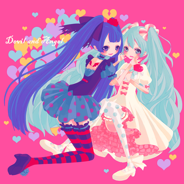 aqua_hair, bitikara, blue_eyes, blue_hair, dress, dual_persona, garter_straps, hatsune_miku, kneeling, long_hair, polka_dot, polka_dot_legwear, sitting, skirt, striped, striped_legwear, thigh-highs, thighhighs, twintails, very_long_hair, vocaloid