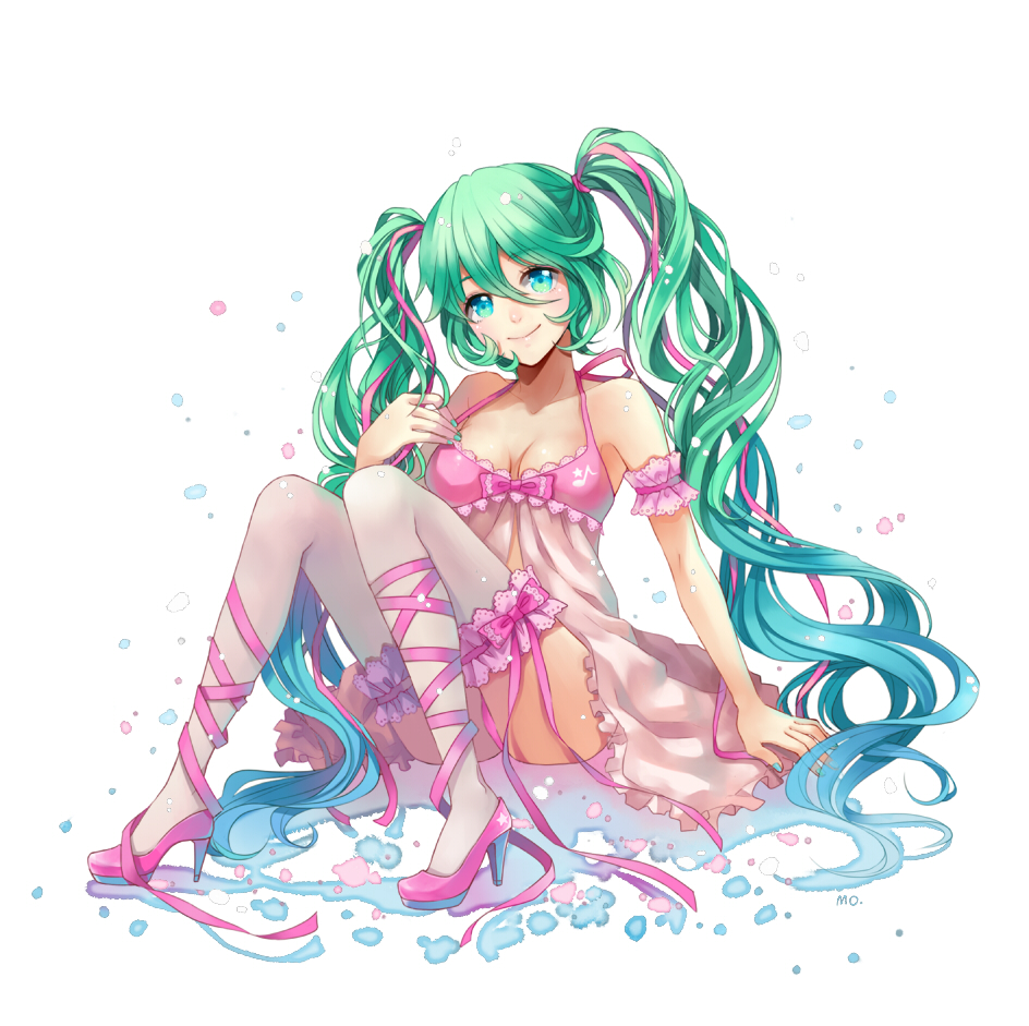 aqua_eyes, arm_support, babydoll, green_hair, hair_ribbon, hatsune_miku, high_heels, long_hair