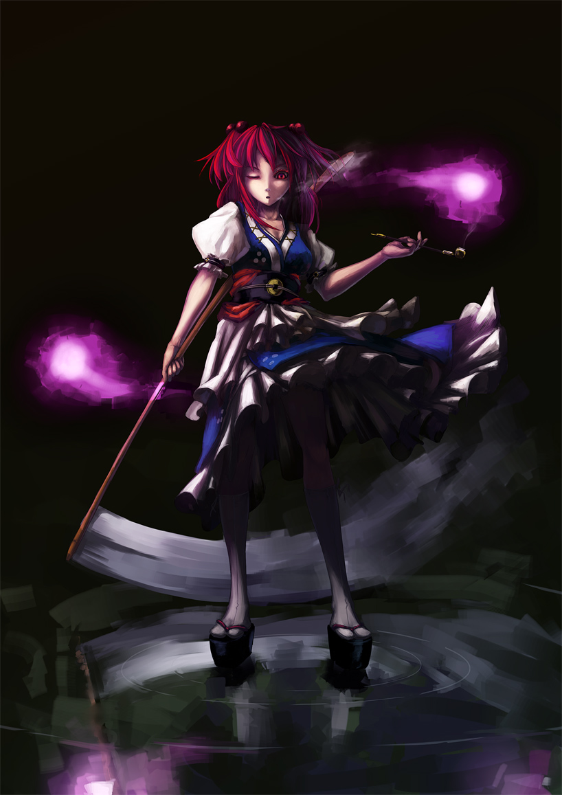 cleavage, coin, hair_bobbles, hair_ornament, hitodama, kiseru, onozuka_komachi, pipe