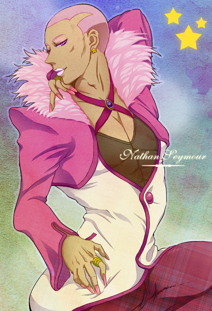 dark_skin, earrings, jewelry, male, nail_polish, nathan_seymour, pink_eyes, pink_hair, posing, ring, short_hair, solo, tiger_&amp;_bunny, yamakawa_yoron