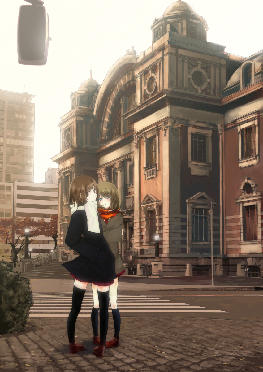 architecture, blue_eyes, blush, brown_eyes, brown_hair, building, city, cityscape