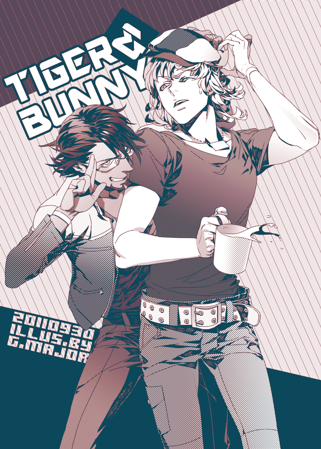 bad_id, barnaby_brooks_jr, belt, cabbie_hat, cosplay, costume_switch, cup, facial_hair, hanehito, hat, jacket, jewelry, kaburagi_t_kotetsu, male, monochrome, multiple_boys, necklace, no_glasses, ring, salute, short_hair, stubble, studded_belt, t-shirt, tiger_&amp;_bunny, wedding_band, wince
