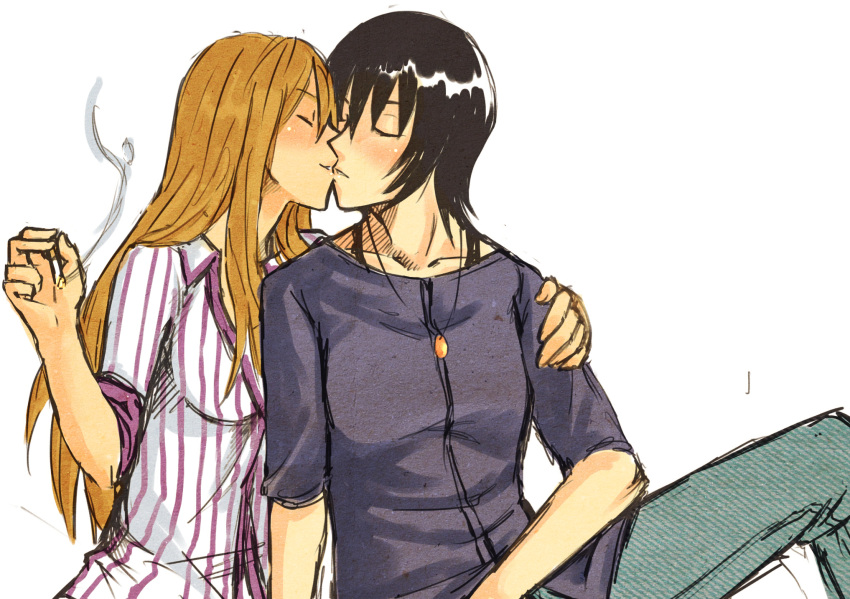 aoi-tama, ayase_asagi, black_hair, blush, brown_hair, cigarette, drawfag, highres